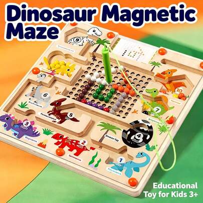 Juguete educativo laberinto magnético de dinosaurios | Cuentas de laberinto magnético de madera multicolor con bolígrafo magnético y tarjetas, juego de reconocimiento de colores/aprendizaje de números para niños de 3+, entrenamiento de enfoque y habilidades motoras, regalo ideal para Navidad/cumpleaños/Halloween/vuelta al colegio