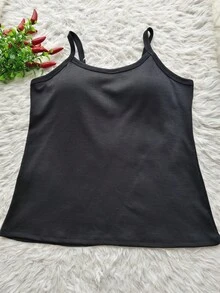 Women's Ribbed Tank Top With Thin Straps And Padded Cups - Black 2 - View 1