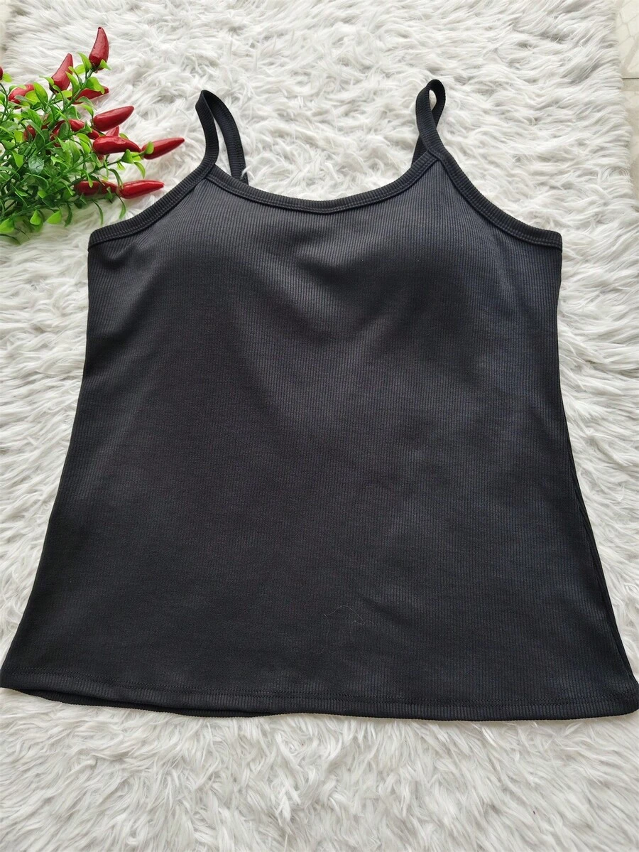 Women's Ribbed Tank Top With Thin Straps And Padded Cups - Black 2 - View 1