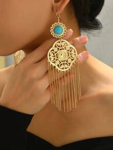 1 Đôi bông tai tua rua kiểu Bohemian bằng đá ngọc lam chạm khắc rỗng, kiểu dáng cổ điển sang trọng dành cho nữ, thích hợp cho tiệc tùng và các dịp lễ hội. - Vàng - Xem 1