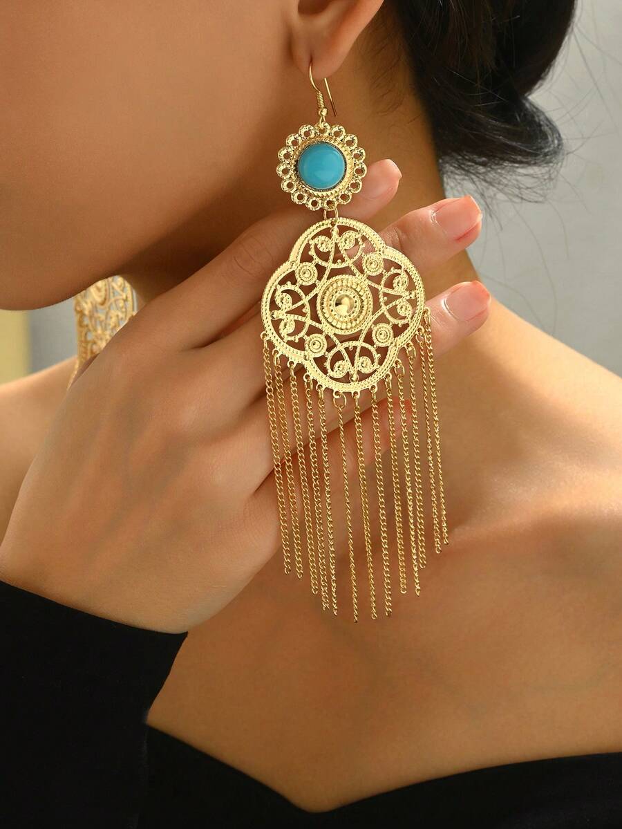 1 Đôi bông tai tua rua kiểu Bohemian bằng đá ngọc lam chạm khắc rỗng, kiểu dáng cổ điển sang trọng dành cho nữ, thích hợp cho tiệc tùng và các dịp lễ hội. - Vàng - Xem 1