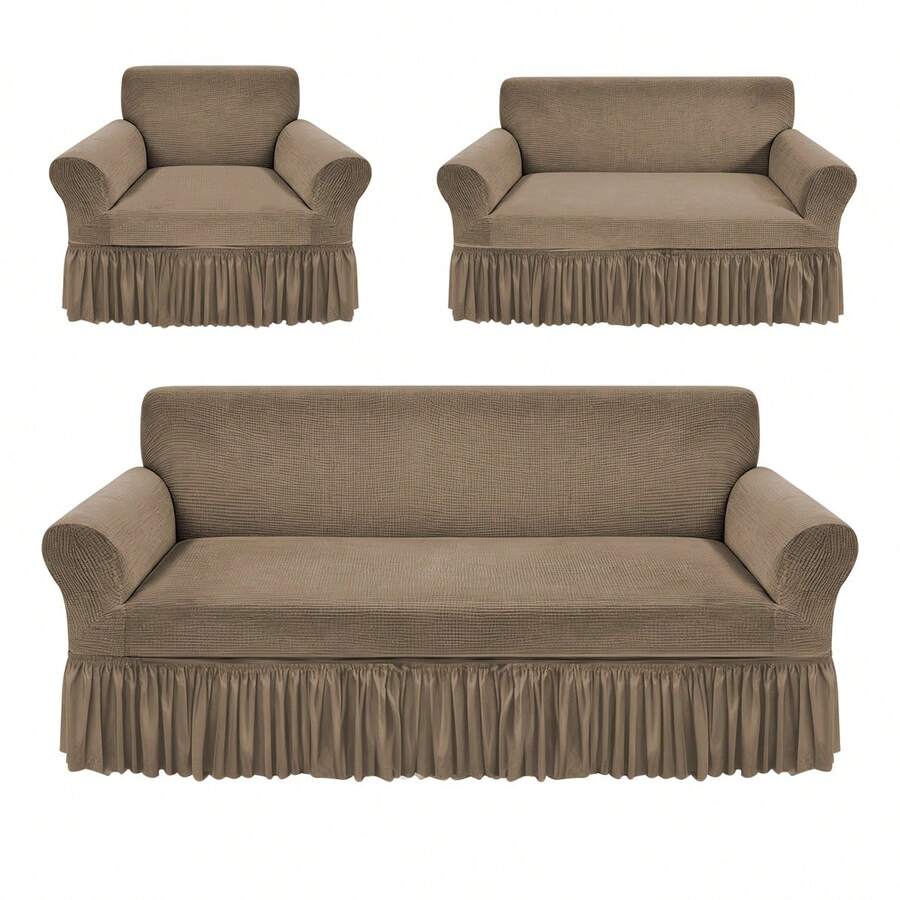 3 Piezas Fundas de Sofá Universales con Falda (1, 2 y 3 Plazas),Cubre Sofá Estilo Elegante y Acogedor,Cubre Sillones para Sala,Cubre Patas y Parte Inferior para Renovar Sofás Antiguos,Tela Transpirable con Caída Natural,Protector de Muebles para Sala y Hogar Ideal para Familias y Mascotas-Capuchino