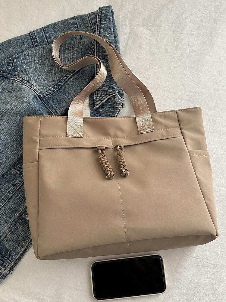 Fashionable Solid Color Handbag, Casual Contrast Color Shoulder Bag, Elegant Student Bookbag, Suitable For Women Or Students, Great For Carrying Books, Shopping, Back To School And More - Khaki - View 8