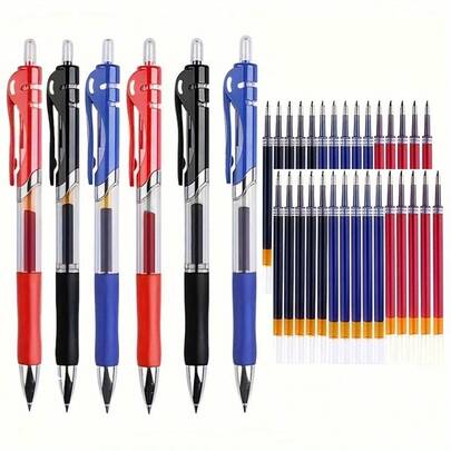 1 Set 43pcs Gel Pen & Refill Set, Stationery Writing Pens Black/Red/Blue Ink 0.5mm Blue Ballpoint Pens Office Supplies (3pcs Pens + 40pcs Refills)
