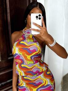Đầm ôm sát không tay cổ yếm in họa tiết nhiều màu sắc theo phong cách Y2K dành cho nữ, đầm hè thời trang với thiết kế hở lưng, phù hợp cho tiệc tùng và mặc thường ngày. - Nhiều màu - Xem 5