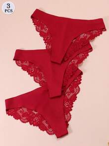 3 piezas Bragas de encaje sexy para mujer, ropa interior de seda - Multicolor - Ver 3