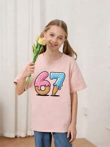 少女冰淇淋卡通“67”印花T恤，面料柔软舒适，时尚夏季上衣，适合日常穿着、街头风和校园风。 - 粉色 - 查看 2