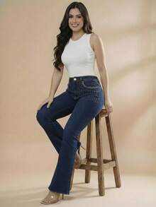pthirillo Women's Dark Blue Flare Jeans With Butt-Lifting, High Waist, And Rhinestone Detail - Premium Rhinestone Jeans - 口袋水鑽 - 查看 5