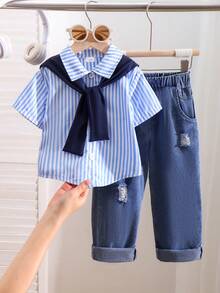 Conjunto de 3 piezas para niña: Camisa de rayas con cuello desmontable azul marino + Jeans de mezclilla desgastados y desteñidos azul claro, para primavera/verano - Azul - Ver 1