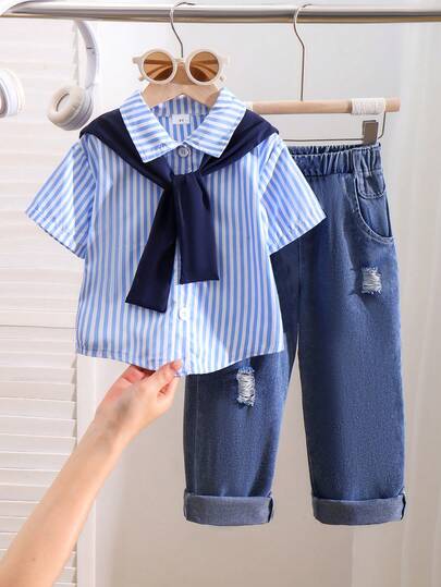 3pcs/Set Young Girl' Detachable Navy Collar Striped Shirt + Light Blue Distressed Washed Denim Jeans Outfit, Spring/Summer