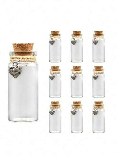 10个手工迷你许愿瓶玻璃罐（含心形吊坠和亚麻绳）套装，3种尺寸可选