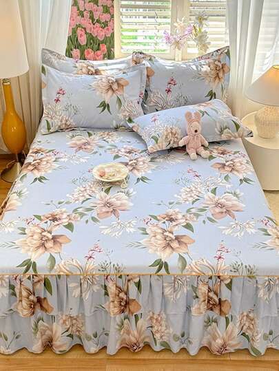 1pc Active Print Bed Skirt, Colorfast, Non-Pilling, Skin-Friendly, Soft, Double Ruffle Design, Suitable For Home Bedroom, Student Dorm, Outdoor Travel