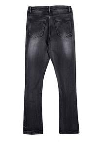 Jeans acampanados bordados, jeans de mezclilla para hombres con letras bordadas, jeans ajustados con pierna acampanada, jeans acampanados desgastados con parches, jeans apilados lavados de Y2K, jeans remendados con lavado en contraste, aptos para todas las estaciones - Negro - Ver 7