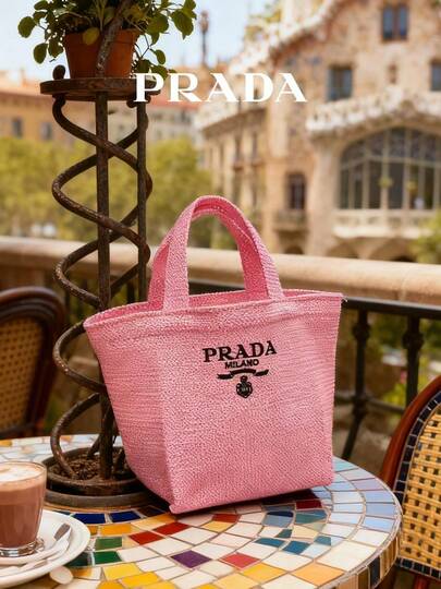 Prada 编织手提包、帆布托特包、手提包、午餐包、通勤包，适合办公室或学生使用，时尚手提包，饰有精致刺绣标志，可用作度假手提包、通勤购物袋或购物袋。