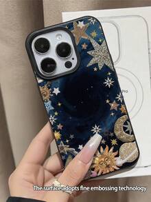 黑色星形图案时尚手机壳 1 件装 黑色夜空复古太阳图案 防水防摔防滑软壳保护套 兼容苹果手机，生日礼物 - 彩色 - 查看 3