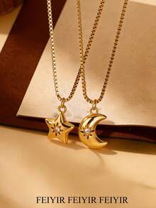 优雅的星月吊坠项链，金色防褪色盒式链项链，适合女性佩戴，也可作为伴娘首饰、穆斯林饰品或送给闺蜜的圣诞礼物。 - 不銹鋼 - 查看 2