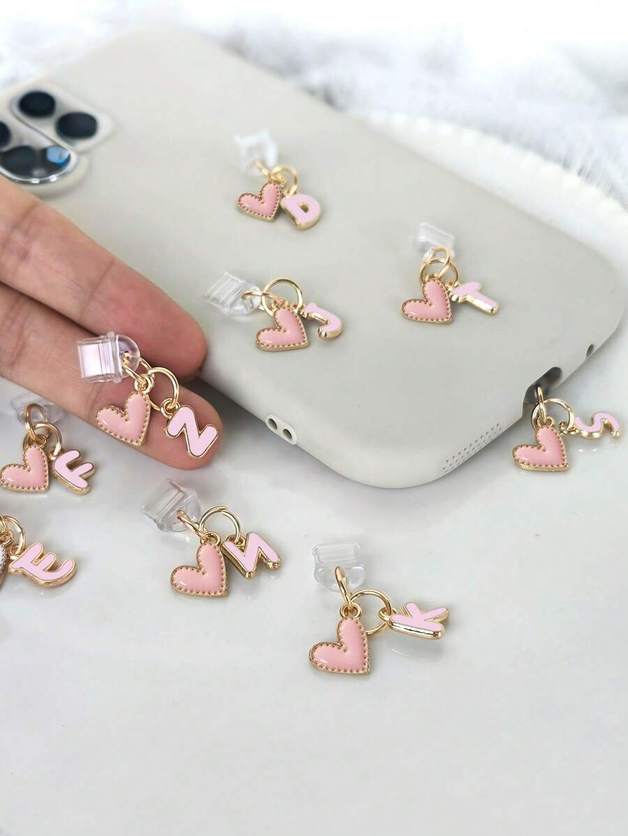 Pink Heart-Shaped 26 Letter Dust Plug, Letter Heart-Shaped Phone Earphone Charging Port Protective Cover Accessory, Suitable For DIY Phone Decoration, Universal Type-C Charging Port Dust Plug - Pink - View 1