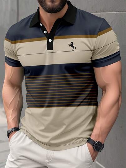 Camisa polo de manga corta con estampado de rayas casual para hombres
