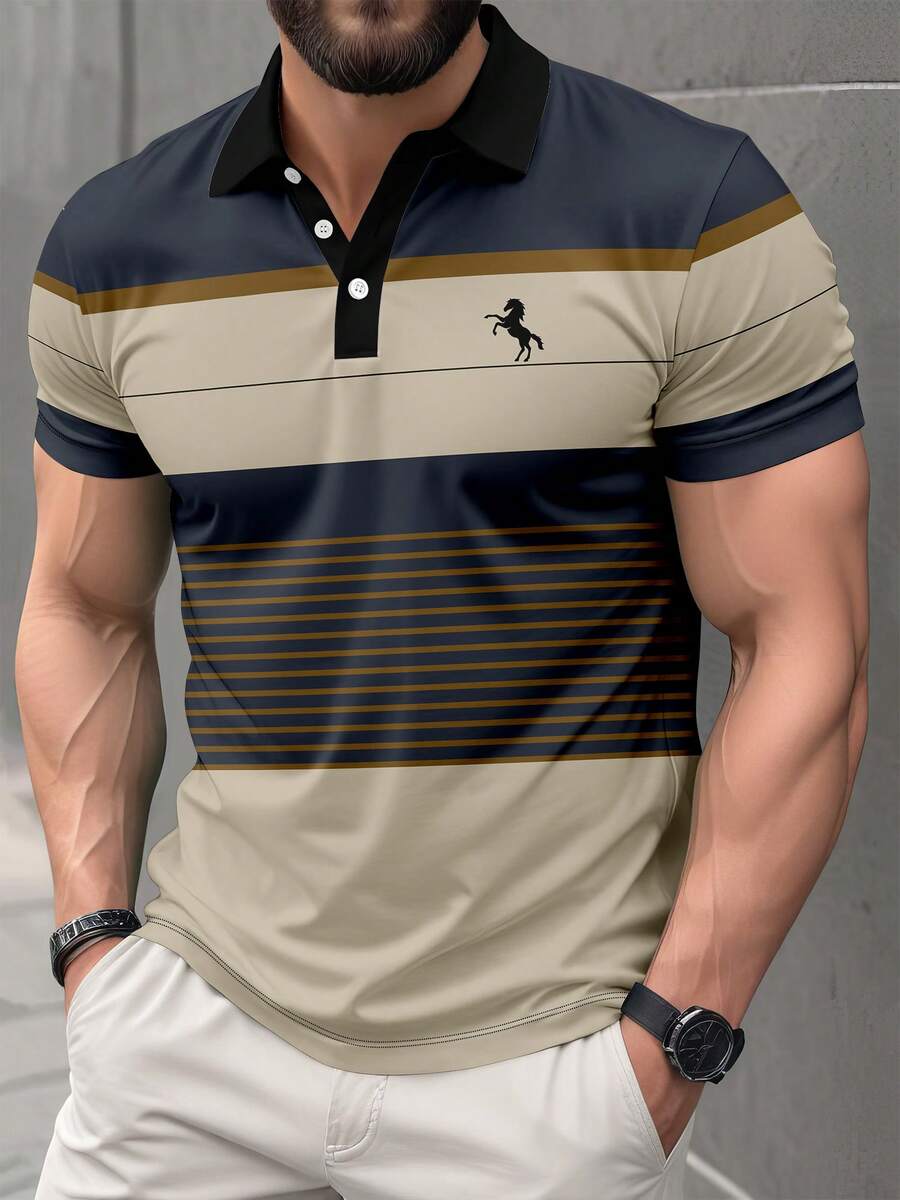 男士休闲条纹印花短袖Polo衫 - 藏蓝色 - 查看 1