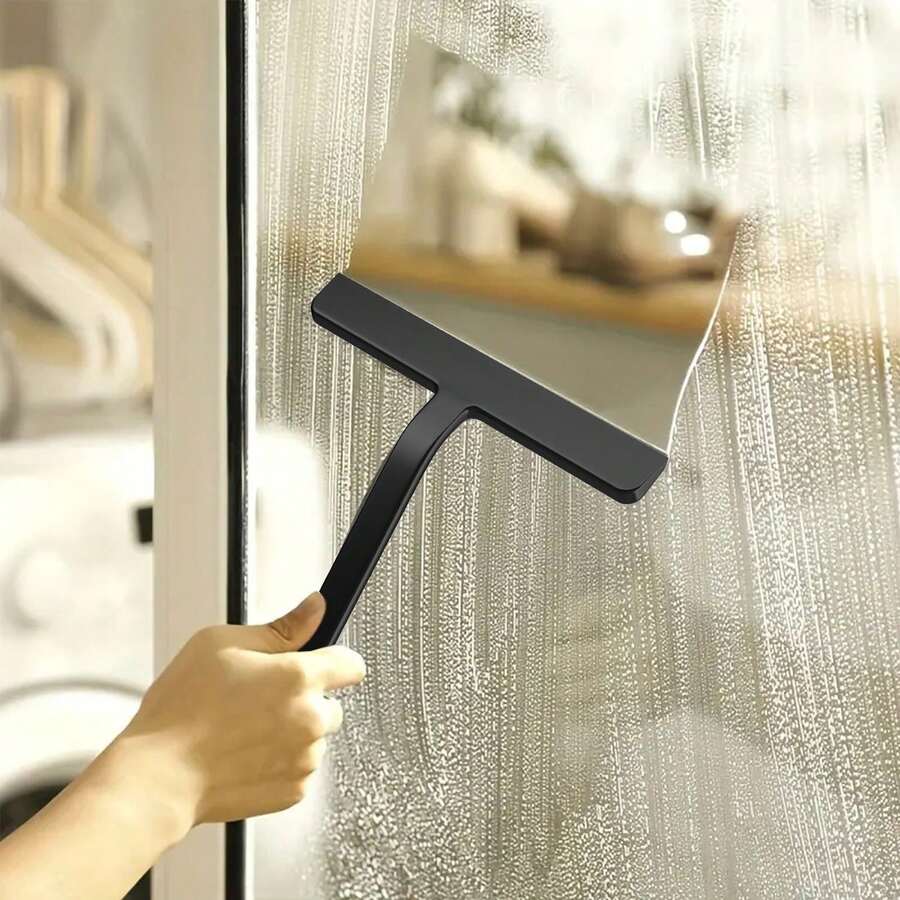 便携式家用清洁工具短柄TPR玻璃刮刀；清洁小工具刮条：带硅胶刮片的玻璃刮水器，适用于浴室和厨房 - 黑色 - 查看 1