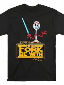 Men's  Forky Graphic T-Shirt - Black - - Heavyweight 180GSM Cotton Tee With "May The Fork Be With You" - Pixar Movie Merchandise For Adults - Birthday Gift For  Fans, Outdoor Activities, Playful Design, Quality Stitching, Novelty Top, Lovers - 黑色 - 查看 1
