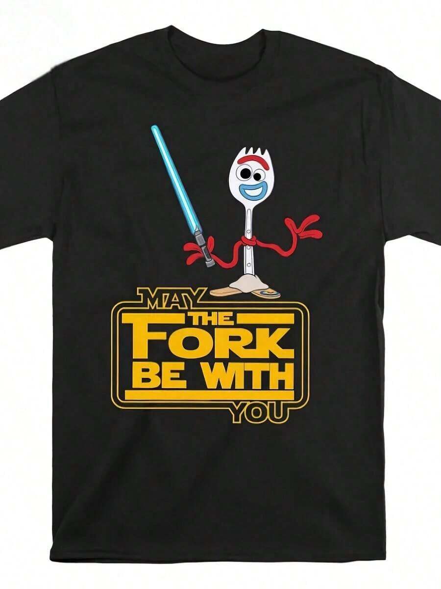 Men's  Forky Graphic T-Shirt - Black - - Heavyweight 180GSM Cotton Tee With "May The Fork Be With You" - Pixar Movie Merchandise For Adults - Birthday Gift For  Fans, Outdoor Activities, Playful Design, Quality Stitching, Novelty Top, Lovers - 黑色 - 查看 1