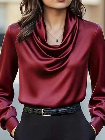 女士时尚知性优雅简约酒红色叠层领长袖衬衫，春夏款