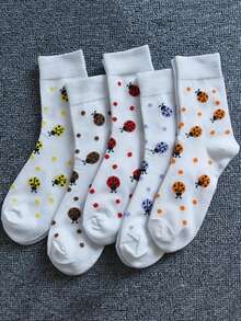 5 paia di calze a mezza gamba da donna - motivi carini a pois e a forma di insetti e scarabei - leggere e confortevoli, versatili per primavera ed estate - Multicolore - Visualizzare 7