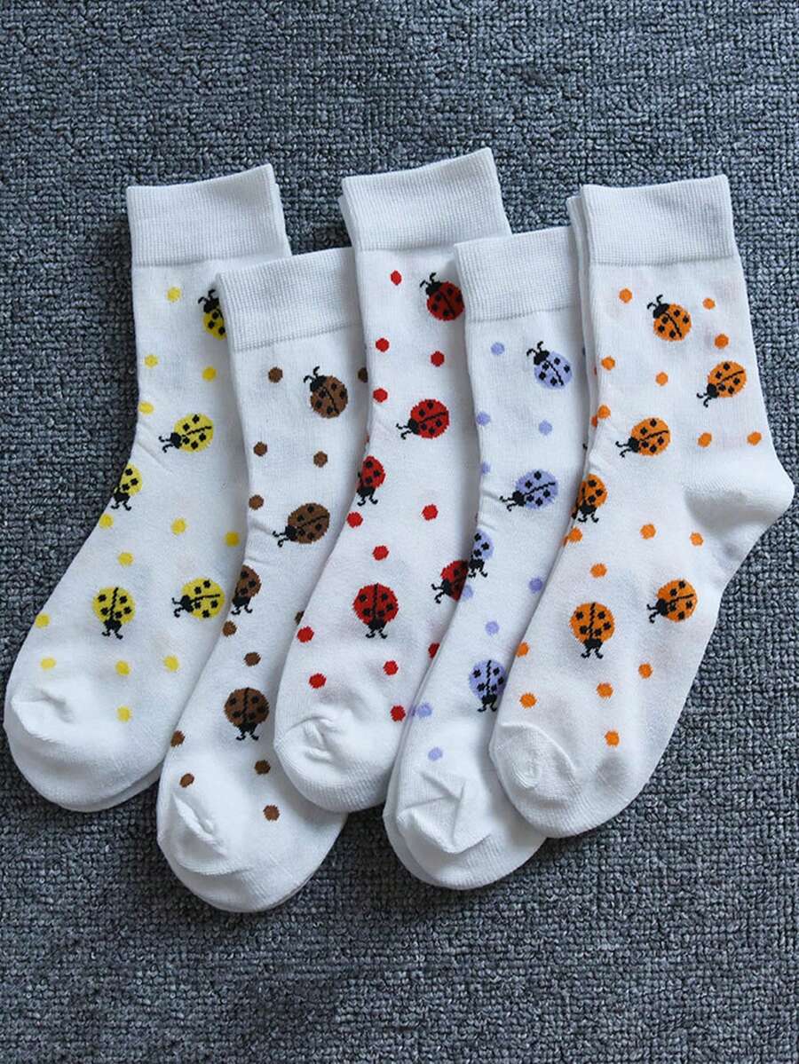 5双装女士中筒袜 - 可爱卡通波点甲虫和昆虫图案 - 轻便舒适，适合春夏穿着 - 彩色 - 查看 1