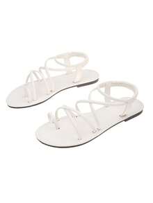 New Fashion Flat Slip-On Sandals For Girl, Summer Roman Style Open Toe Woven Strap Backless Flat Sandals, Comfortable Summer Shoes, Suitable For Daily Wear, Fashionable Open Toe Design, Good Breathability, Versatile Casual Sandals, Suitable For Matching Any Outfit, Fashionable Simple Comfortable Criss-Cross Strap Flat Sandals, Black Sandals, Beach Holiday Beige Sandals, Khaki Sandals, Green Sandals, Black Sandals, Wear-Resistant Non-Slip Lightweight Comfortable - White - View 7
