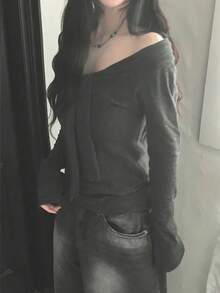 Retro Korean Style Bow Tie Shoulder Twist Knit Long Sleeve T-Shirt, Versatile & Slimming - Grey - View 5