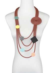 MARLIWOO 1pc Vintage Long Layered Geometric Checkerboard Circle Pendant Necklace, Fashion Party Jewelry For Women - Colorful - View 10