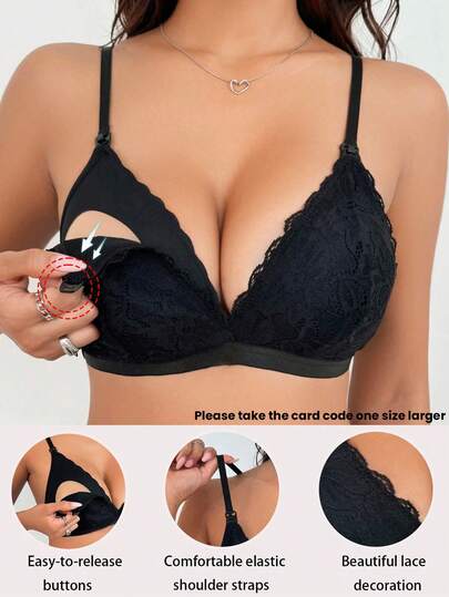 Maternity Solid Color Lace Trim Nursing Bra (No Padding) (Please Order One Size Up)