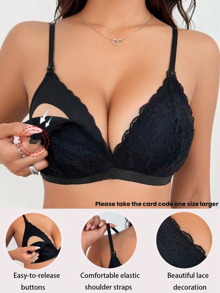 孕妇纯色蕾丝边哺乳文胸（无衬垫）（建议选购大一码） - 黑色 - 查看 1