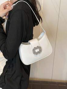 Mini Shoulder Bag With Rhinestone Decor Underarm Bag, Multifunctional And Fashionable Rhinestone Sparkling Saddle Underarm Bag PU Texture Bag Wallet Fashion Multifunctional Long Bag - White - View 6