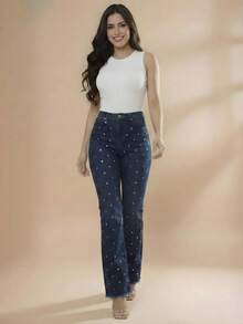 pthirillo Women's Dark Blue Flare Jeans With Butt-Lifting, High Waist, And Rhinestone Detail - Premium Rhinestone Jeans - 鏡子標誌 - 查看 10