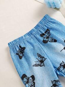 Bộ 3 món quần dài in hình bướm cho bé gái, thích hợp mặc hàng ngày khi đi du lịch và dã ngoại. - Màu xanh lam - Xem 6