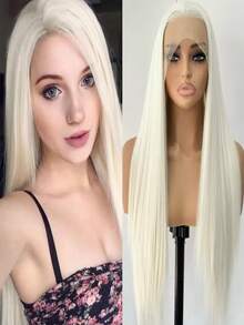 13x3.5 Inch Platinum Mint Green Synthetic Lace Front Wig, Straight Black Synthetic Lace Front Wig With Pre-Plucked Hairline, Heatproof Fiber Wig For Women - Multicolor - View 14
