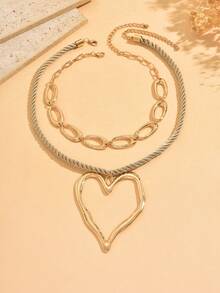 Set de 2 collares: 1 collar con colgante de corazón hueco asimétrico de oro mate versátil y 1 collar de cadena gruesa vintage de oro, adecuado para uso diario, citas, fiestas y festivales de música - Dorado - Ver 2