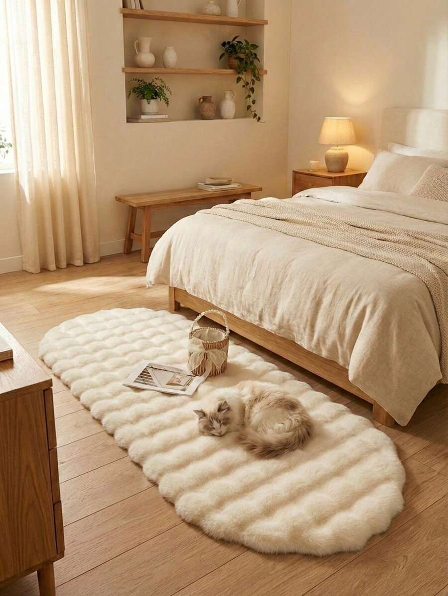 1pc Cream White Oval 3D Checkered Faux Rabbit Fur Bubble Fleece Decorative Rug, Fluffy And Soft Touch, Gentle Color, Cozy And Healing, Cat-Like Feel, Fuzzy, Soft Long Pile, Anti-Slip Bottom, Low Shedding, Easy Care And Easy Clean, Thick And Durable Rug, Suitable For Living Room, Bedroom, Study, Entryway, Dining Room, Laundry Room Decoration, Skin-Friendly And Soft Material, Personalized Home, Fashion Home, Bedroom Rug, Kitchen Rug, Study Rug, Living Room Rug, Bathroom Rug, All Season Style - Creamy White - View 1