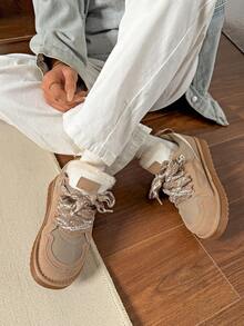 Thick Sole Hiking Boots, Faux Fur Collar, Lace-Up Side Zipper, New Snow Boots, Lace-Up Thermal Lined Winter Shoes - Khaki - View 4