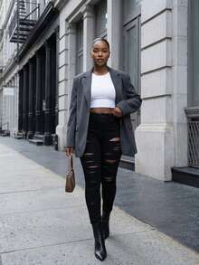 Hot Girl Fried Street Style Black Mid-Waisted Ripped Tight Jeans For Women, Elastic And Slimming Woolen Pencil Pants - Black - View 3