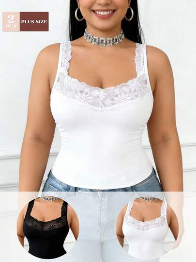 2 piezas Camiseta de tirantes finos de unicolor casual y sexy, versátil, con parche de encaje, camiseta de punto para mujer para primavera/verano, adecuada para crear looks de moda de verano en tallas grandes