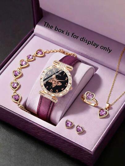 6/5pcs Set, Elegant Girl, Fashionable Quartz Watch With Butterfly Pattern Dial, Suitable For Girls To Wear, Can Be Matched With Rhinestone Necklace, Bracelet, Ring And Earring Set. Suitable As A Birthday/Holiday Gift For Girls. Also Very Suitable For Daily Use, Such As Christmas Gifts, Back To School, Parties, Etc. Graduation Season, Valentine's Day, Easter, Christmas - Very Suitable As A Gift For Girls