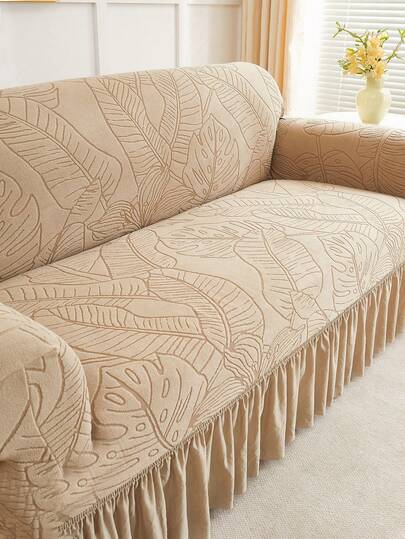 1pc Light Khaki Fleece Leaf Pattern Elastic Skirt Style Sofa Cover, Skirt Design Sofa Home Protective Cover, Nordic Modern Polyester Anti-Dust Anti-Slip Thickened Sofa Slipcover, Suitable For 1/2/3/4 Seater Sofa, Especially Suitable For Autumn/Winter Sofa Home Decor