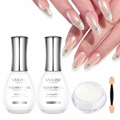  SAVILAND Essentials 3-In-1 Nail Chrome Set: Metallic Mirror Effect White Pearl Chrome Powder For Gel Nails High Pigment Glazed Chrome Nail Powder With Nudes Builder Nails Gel & Glossy Top DIY