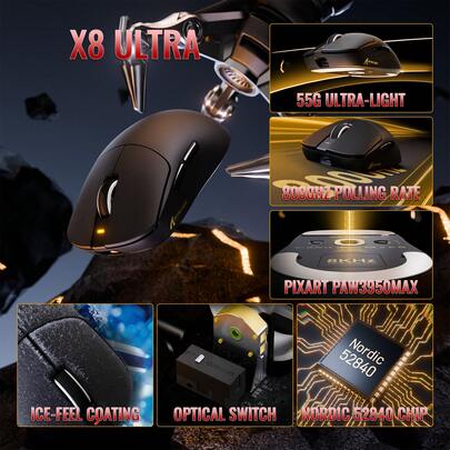  فأرة ألعاب لاسلكية خفيفة جدًا ATTACK SHARK X8، وزن 55 جرام، بتقنية بلوتوث/2.4 جيجاهرتز لاسلكي/سلكي، معدل استطلاع 8K، استشعار PixArt PAW3950MAX، 42000 دبي، مناسبة للأيدي الكبيرة، متوافقة مع الكمبيوتر/ويندوز