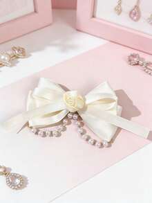 1个玫瑰花蝴蝶结发夹，女孩珍珠流苏复古甜美侧夹，时尚发饰 - 彩色 - 查看 7