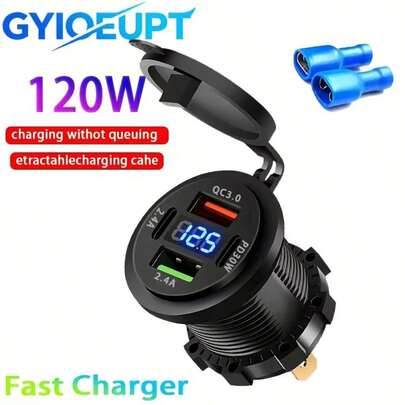 1个智能数字显示车载充电器，支持QC3.0快充，双USB接口，适用于12V-24V电压，Type-C接口，快充首选，适用于汽车、摩托车、卡车、小船等。