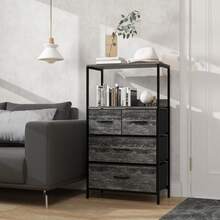 MU:4LIFE Cómoda de 4 Cajones con Balda Estante de Almacenamiento para Hogar Y Oficina, Organizador Cajonera De Estructura Metal y Cajones De Tela Lino Poliéster y Tela No Tejida (Oak Negro) - Roble Negro - Ver 3